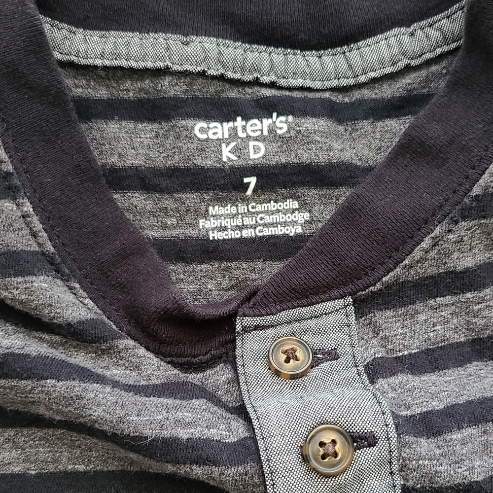 Carter's Boys 7 Black And Gray Striped Kids Shirt Buttons Back To School Preppy